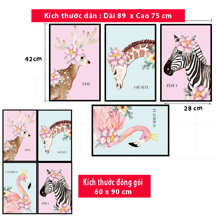 Decal dán tường Sticker dán tường in chất lượng cao có keo mặt sau mẫu Các con thú phong cách Vintage ZH56