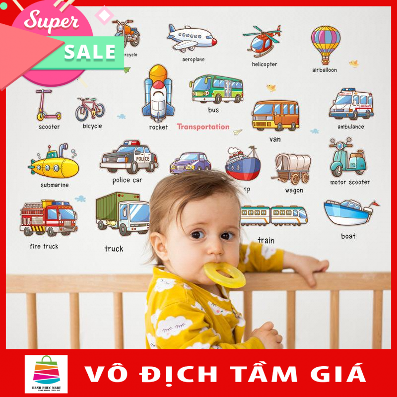 Decal trang dán tường Tiếng anh các loại phương tiện giao thông HM92024