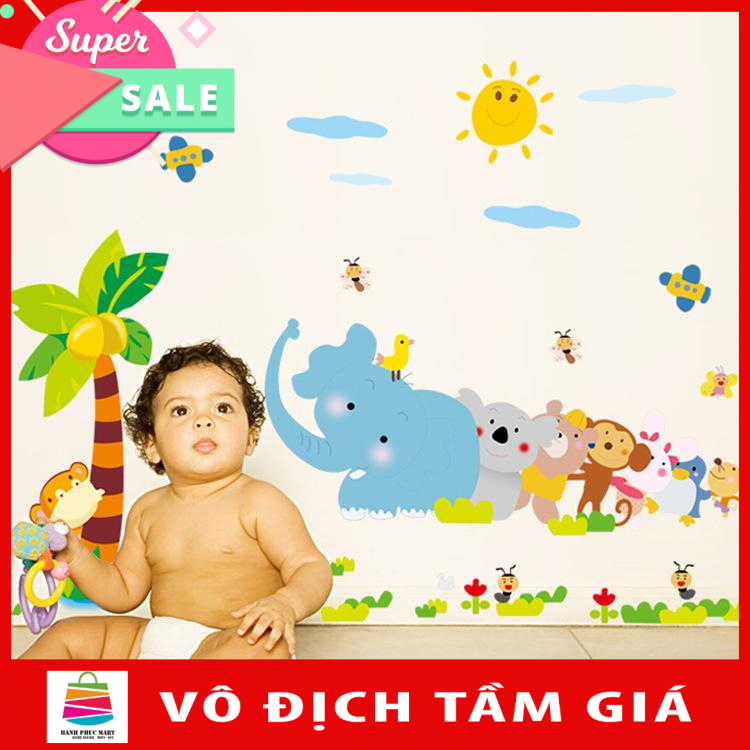 Decal dán tường khỉ con voi con cho bé AY7261-kiddecals Có sẵn keodán trên mọi bề mặt