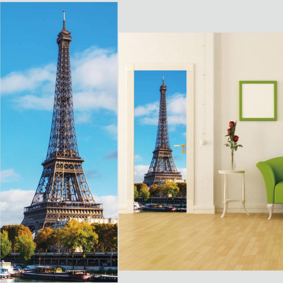[210*90CM] Decal dán tường-decal dán cửa-Tháp Eiffel-Decal nguyên miếng