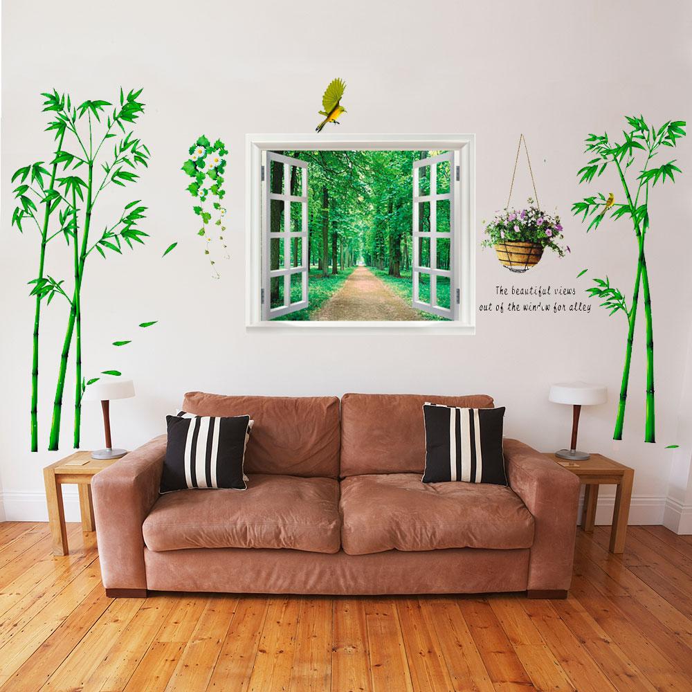 [ Size Lớn ] Decal dán tường kết hợp Bụi Tre - Cửa Sổ AM9104-AY823