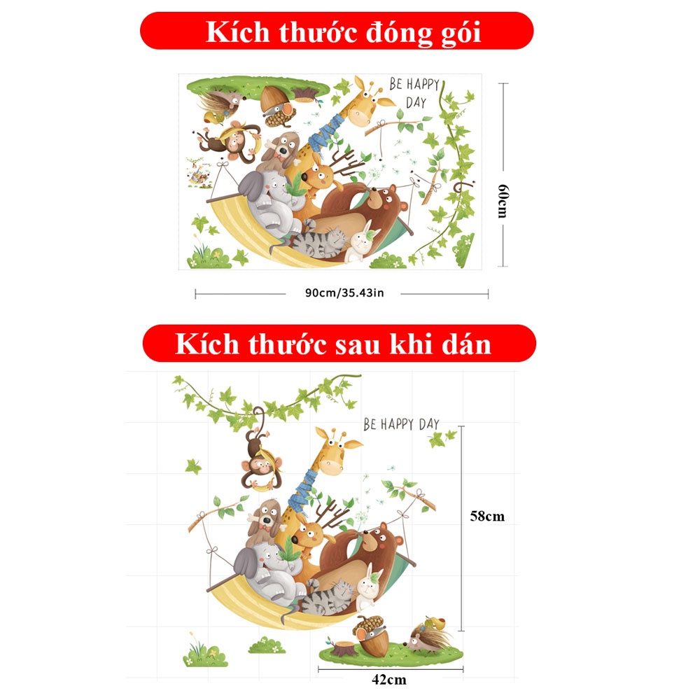 Decal dán tường Tranh dán tường Sticker Dán Tường Mẫu Các con thú Happy Day Cho bé ZH99