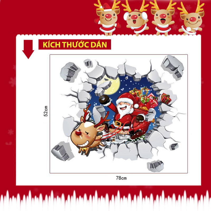 Decal dán tường Giáng Sinh 3D Ông già Noel ABQ6005 trang trí tường, Sticker, Miếng dán tường, hình dán
