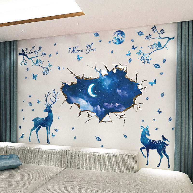 Decal dán tường Mẫu Gia Đình Nai dưới ánh trăng có sẵn keo chỉ cần bóc dán