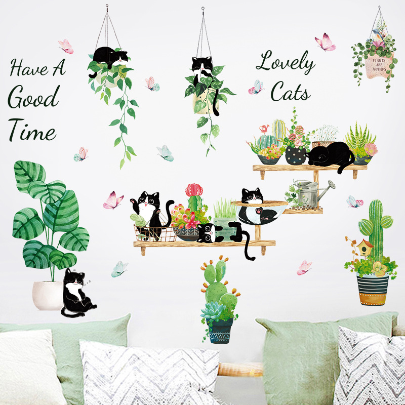 Decal dán tường Sticker dán tường in chất lượng cao có keo mặt sau mẫu LoveLy Cats HT94022