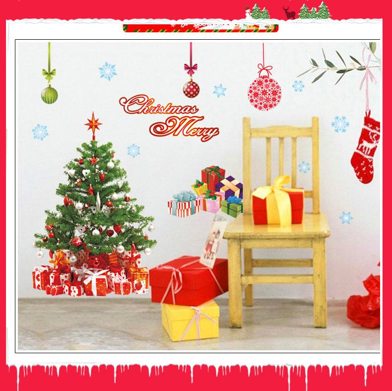 Decal trang trí giáng sinh noel -Cây thông Noel  túi quà và dòng chữ Merry Christmas AY226A decalforchristmas