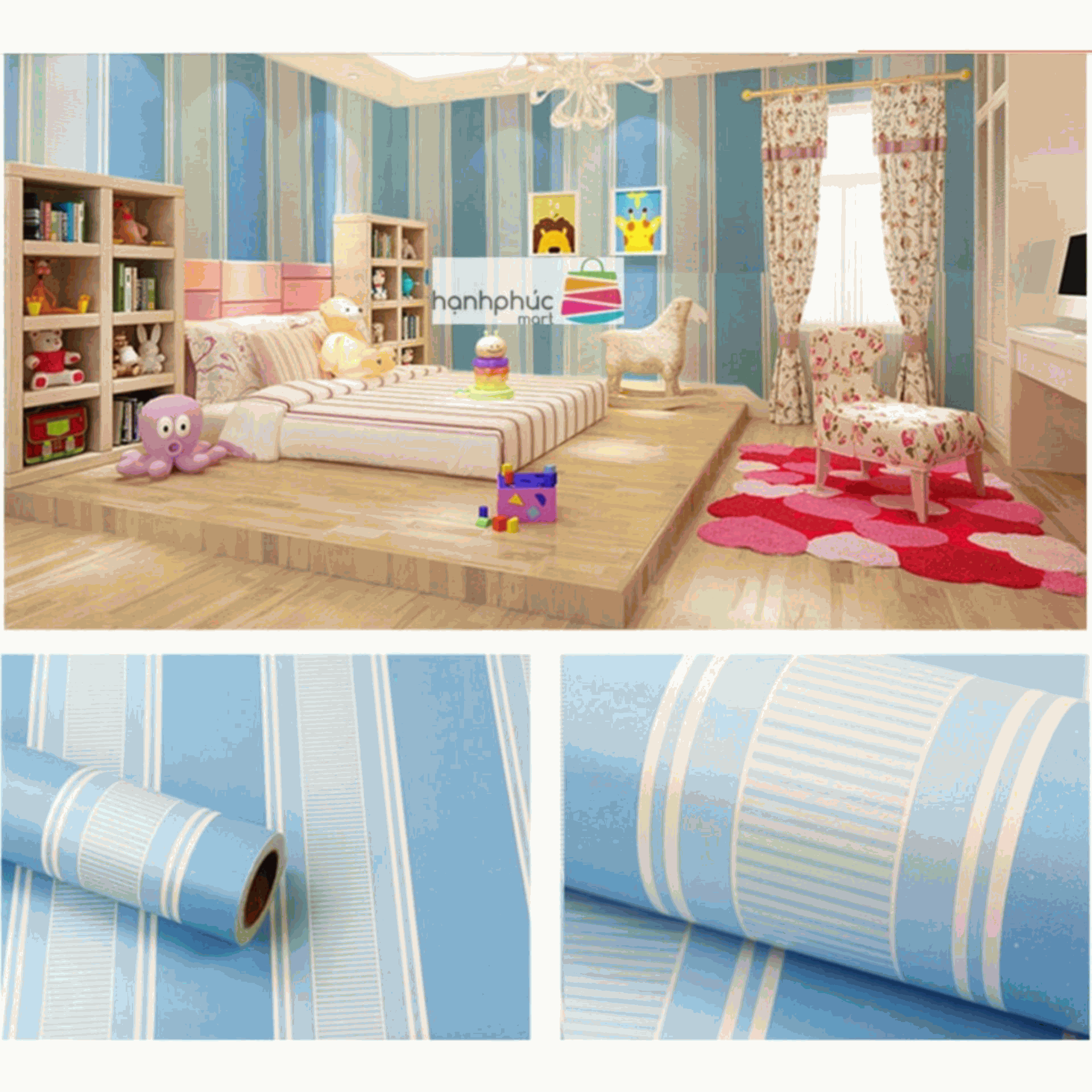 5M Giấy dán tường ko cần thêm keo - Decal dán tường - Sọc Xanh Trắng-HPMWallpaper