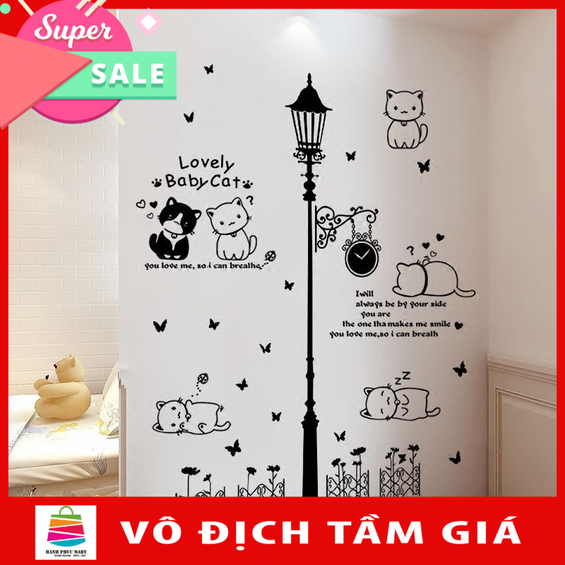 Decal dán tường Mẫu Những chú mèo đáng yêu có sẵn keo chỉ cần bóc dán