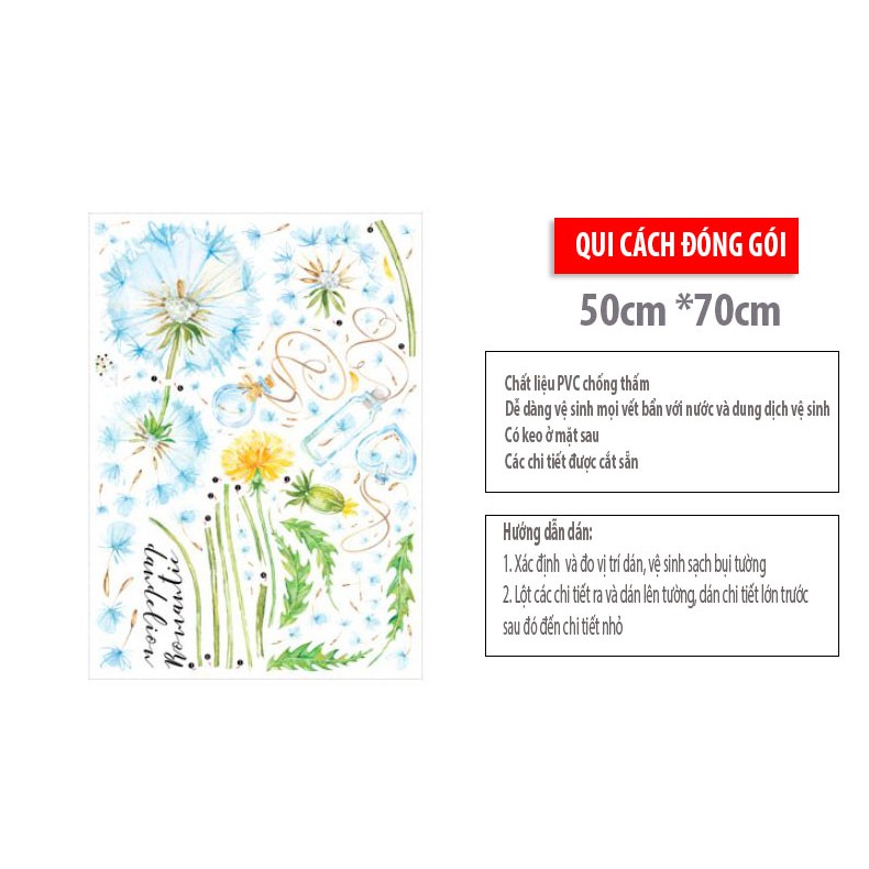 Decal dán tường Sticker mẫu hoa bồ công anh xanh ZH027