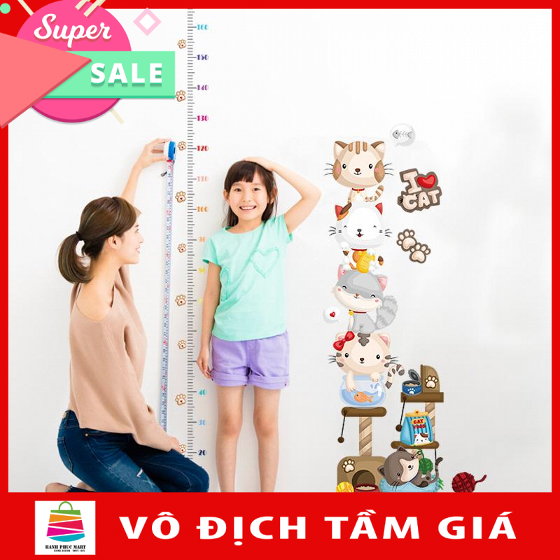 Decal dán tường đo chiều cao gia đình mèo SK9332