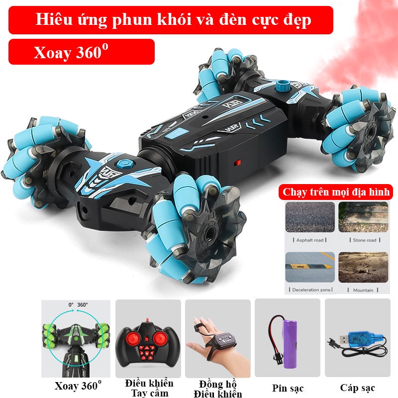 Xe ô tô địa hình điều khiển từ xa bằng cử động tay và tay cầm xoay 360 độ có nhạc và đèn và phun khói cao cấp
