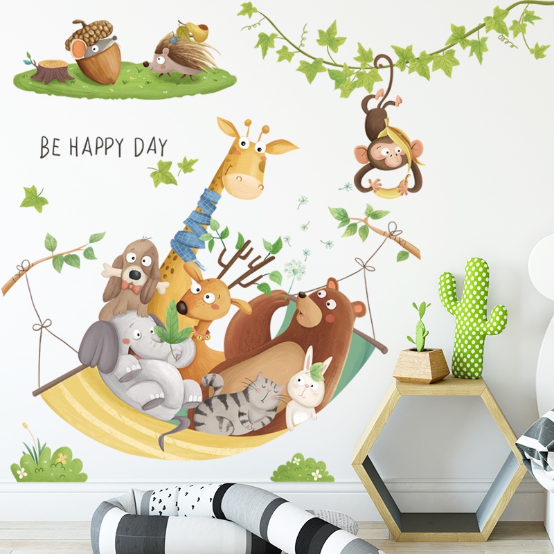 Decal dán tường Tranh dán tường Sticker Dán Tường Mẫu Các con thú Happy Day Cho bé ZH99