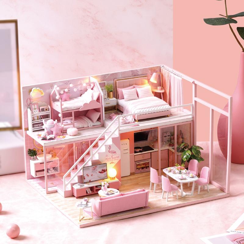 Nhà búp bê barbie bằng gỗ lắp ghép có nội thất và đèn như hình L027 Tặng Mica Diydollhouse