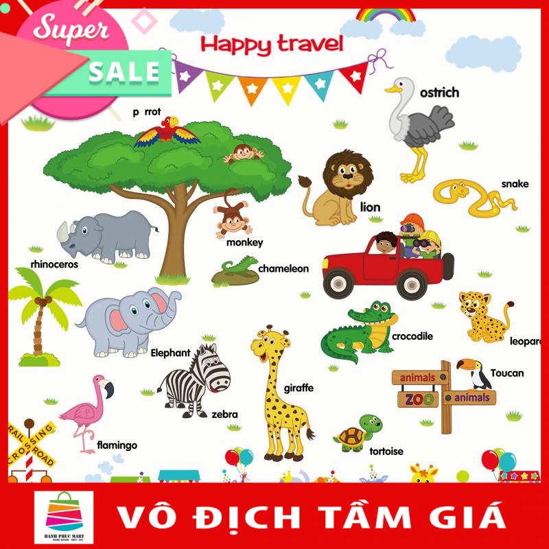 [ Size Lớn ] Decal dán tường kết hợp Các con thú và tàu hỏa tiếng anh SK9084+SK9011.Không thấm nước không độc hại hoàn toàn thân thiện với môi trường.