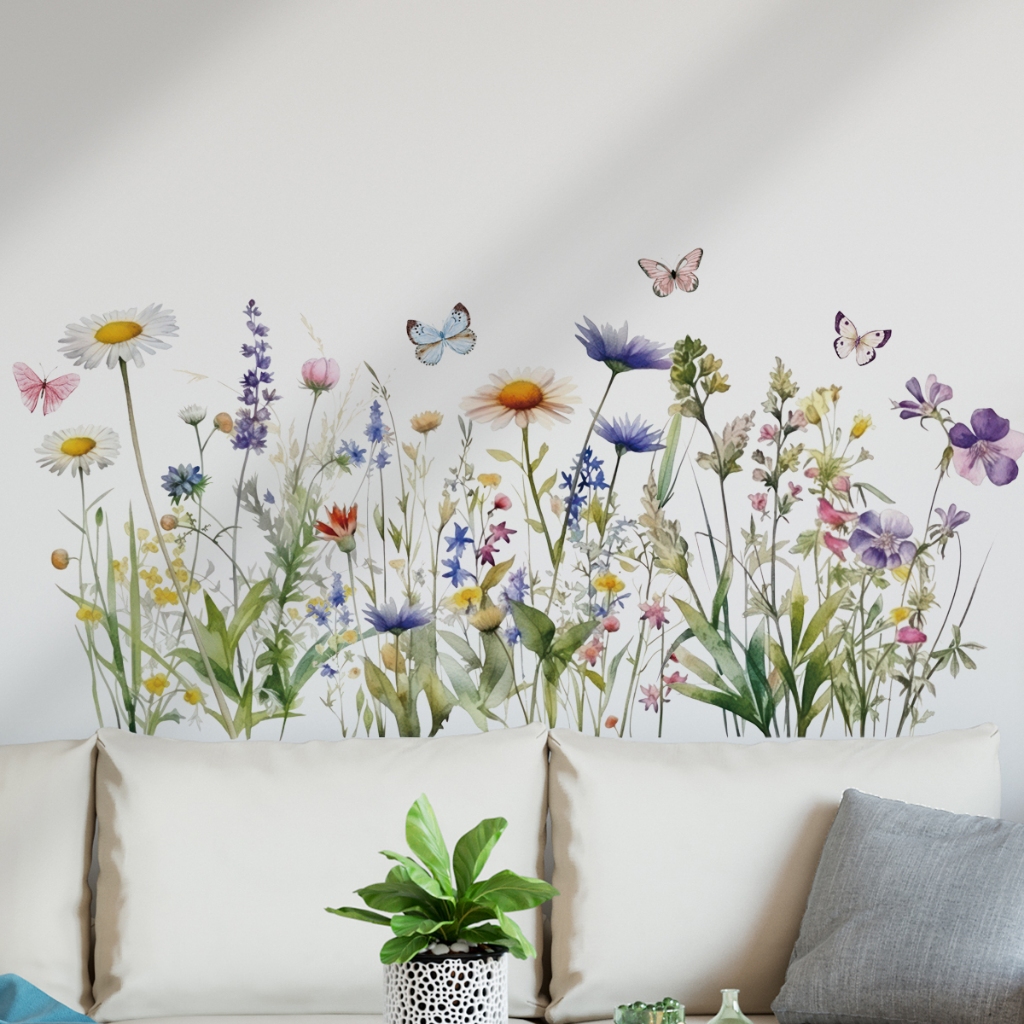 Decal dán tường mẫu Cánh Đồng Hoa Sticker Tranh Dán Tường Có Sẵn Keo
