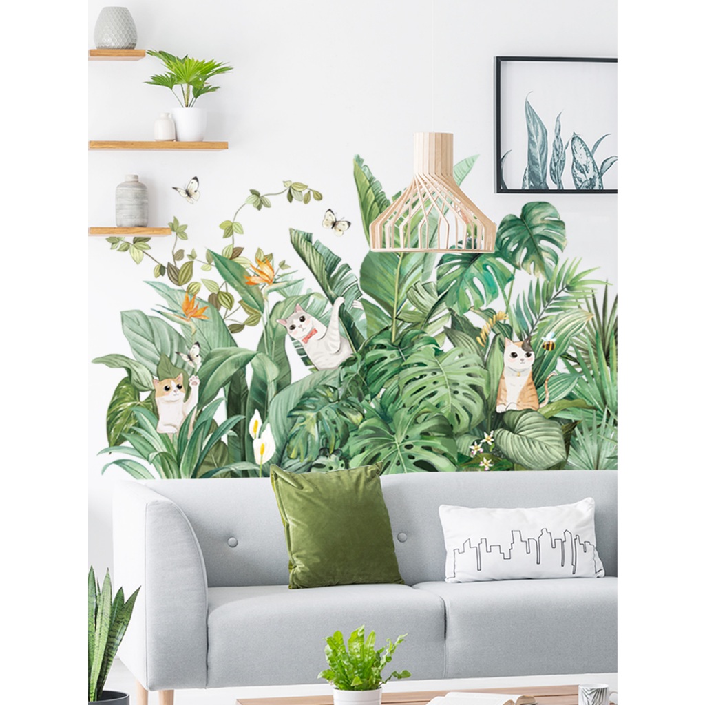 Decal dán tường mẫu Hoa lá và meo Sticker tranh dán tường có sẵn keo