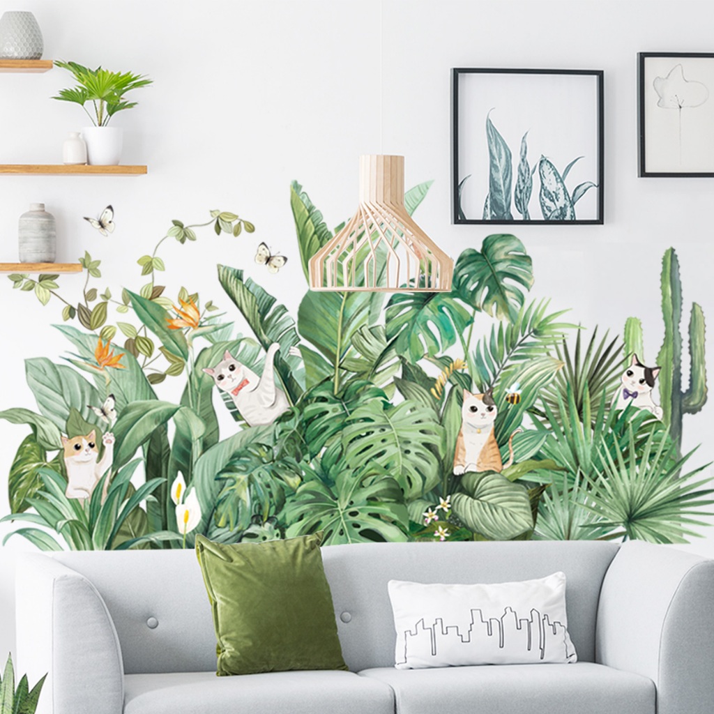 Decal dán tường mẫu Hoa lá và meo Sticker tranh dán tường có sẵn keo