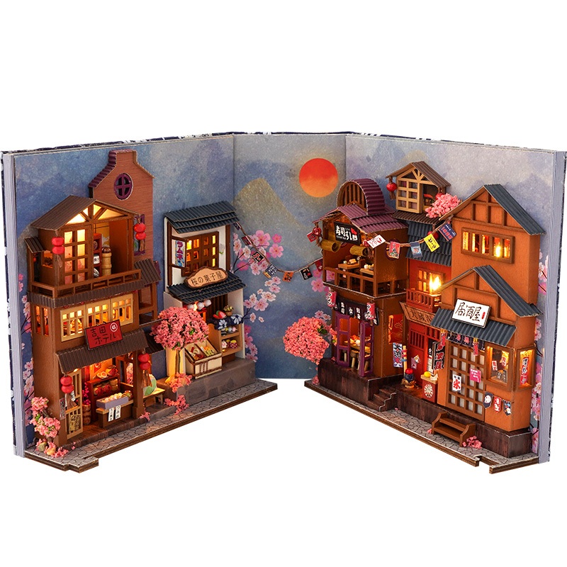 Mô hình 3D Book Nook Mẫu Hẻm Sakura,Noel Tự Làm bằng gỗ. Trang Trí Kệ sách, quà tặng sinh nhật Book Nook DIY TC25
