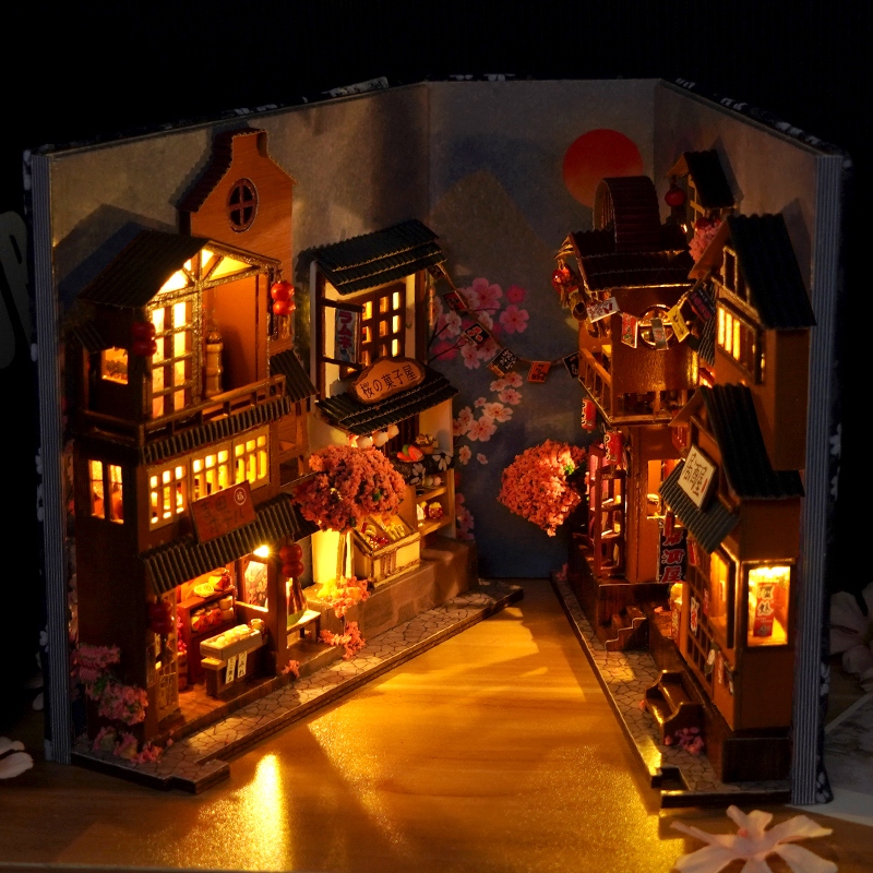 Mô hình 3D Book Nook Mẫu Hẻm Sakura,Noel Tự Làm bằng gỗ. Trang Trí Kệ sách, quà tặng sinh nhật Book Nook DIY TC25