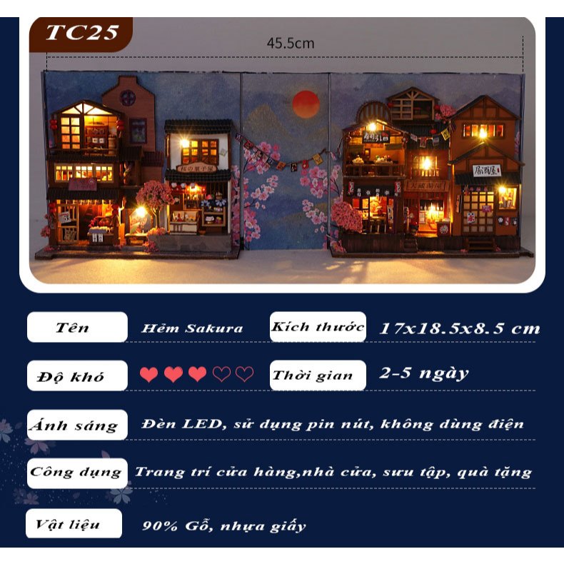 Mô hình 3D Book Nook Mẫu Hẻm Sakura,Noel Tự Làm bằng gỗ. Trang Trí Kệ sách, quà tặng sinh nhật Book Nook DIY TC25