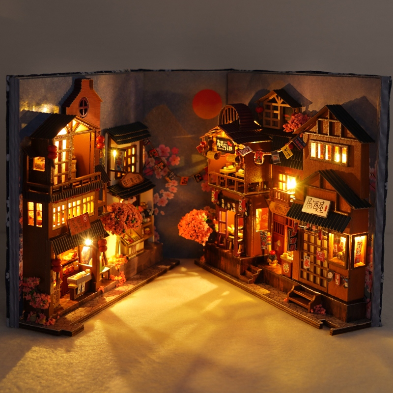 Mô hình 3D Book Nook Mẫu Hẻm Sakura,Noel Tự Làm bằng gỗ. Trang Trí Kệ sách, quà tặng sinh nhật Book Nook DIY TC25