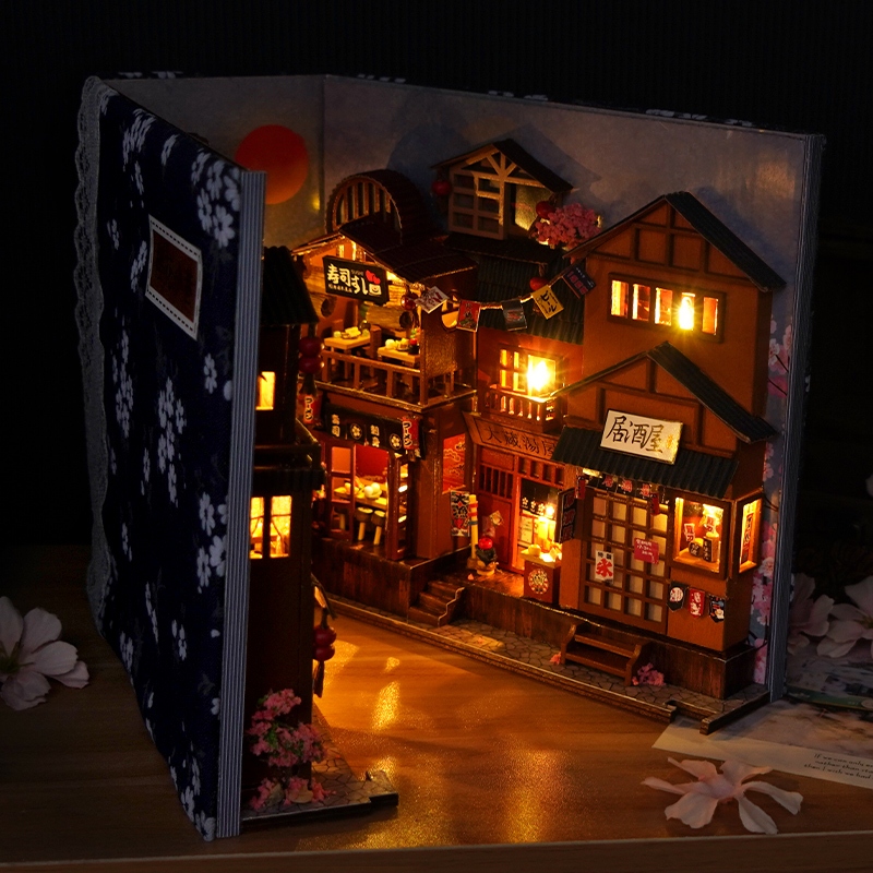 Mô hình 3D Book Nook Mẫu Hẻm Sakura,Noel Tự Làm bằng gỗ. Trang Trí Kệ sách, quà tặng sinh nhật Book Nook DIY TC25