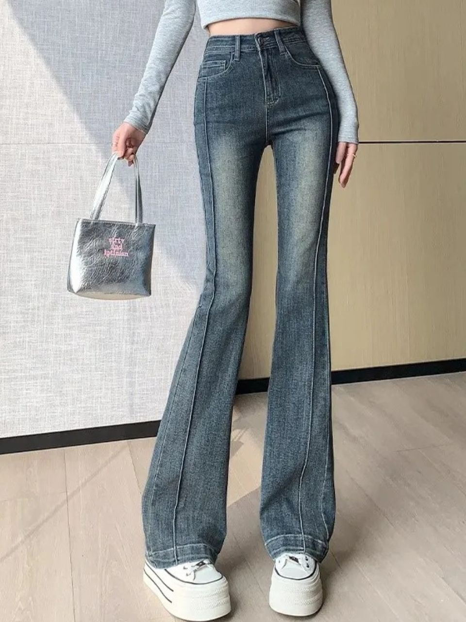 Quần jean cạp cao ống rộng dáng ôm dài phối viền phong cách Hàn Quốc QJ019250