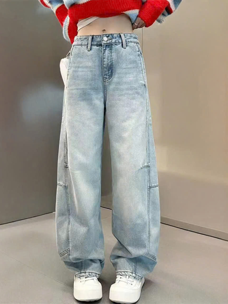 Quần jean cạp cao ống rộng dáng suông dài QJ140240