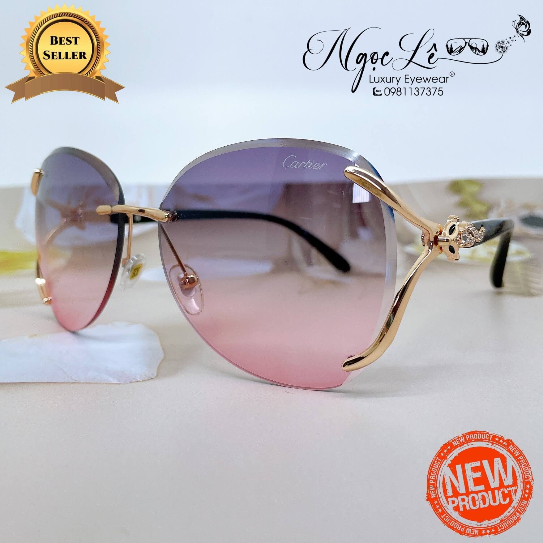 Mắt Kính Nữ Hiệu Cartier Màu Ombre Hồng Khói Gọng Hồ Ly Đính Đá Cao Cấp 1886
