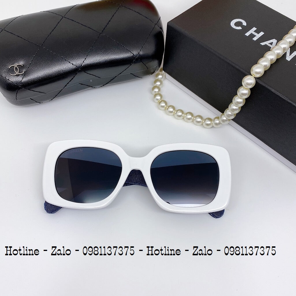 Mắt Kính Nữ Chanel Vuông Xanh Đen Gọng Trắng Bọc Jean Hàng Hiệu Luxury