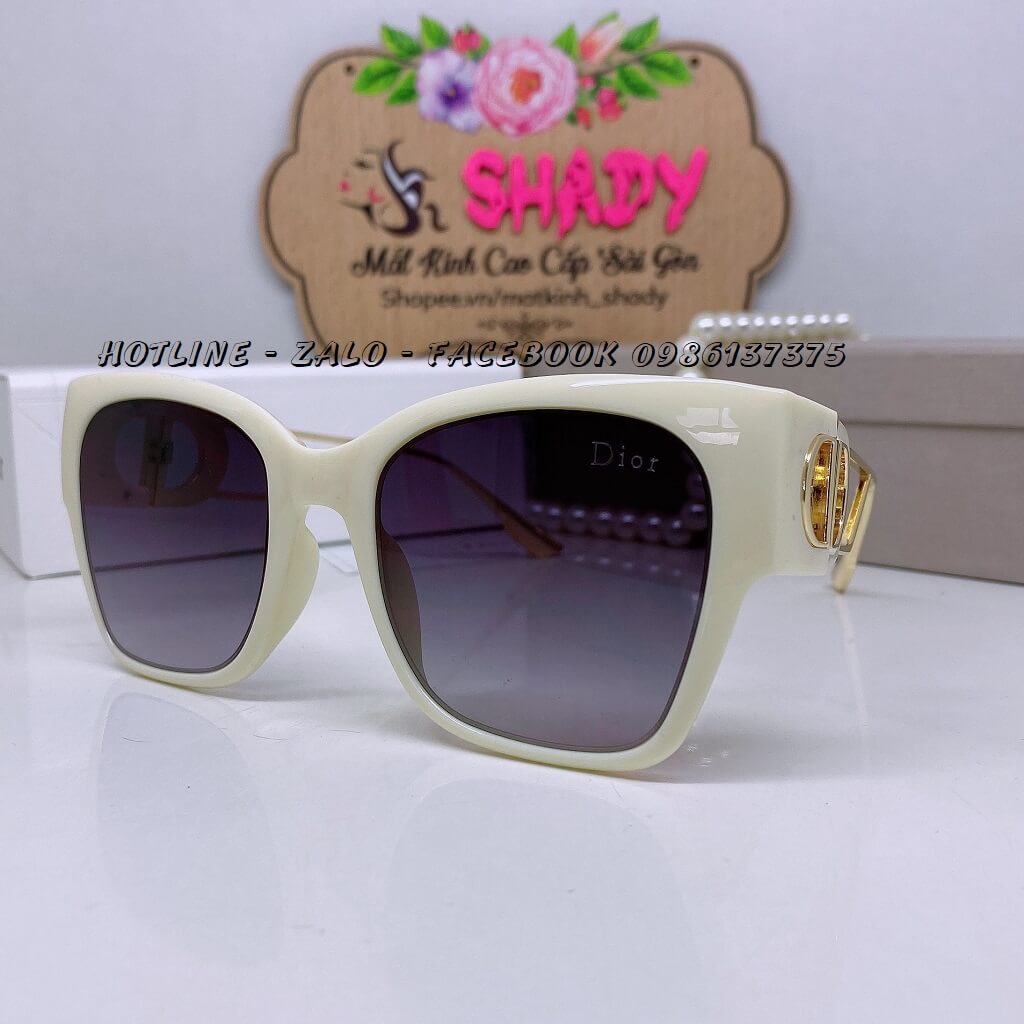 Mắt Kính Thời Trang Nữ - Kính Dior Màu Trắng Kem Gọng Kim Loại Tròng Polarized Cao Cấp 6098