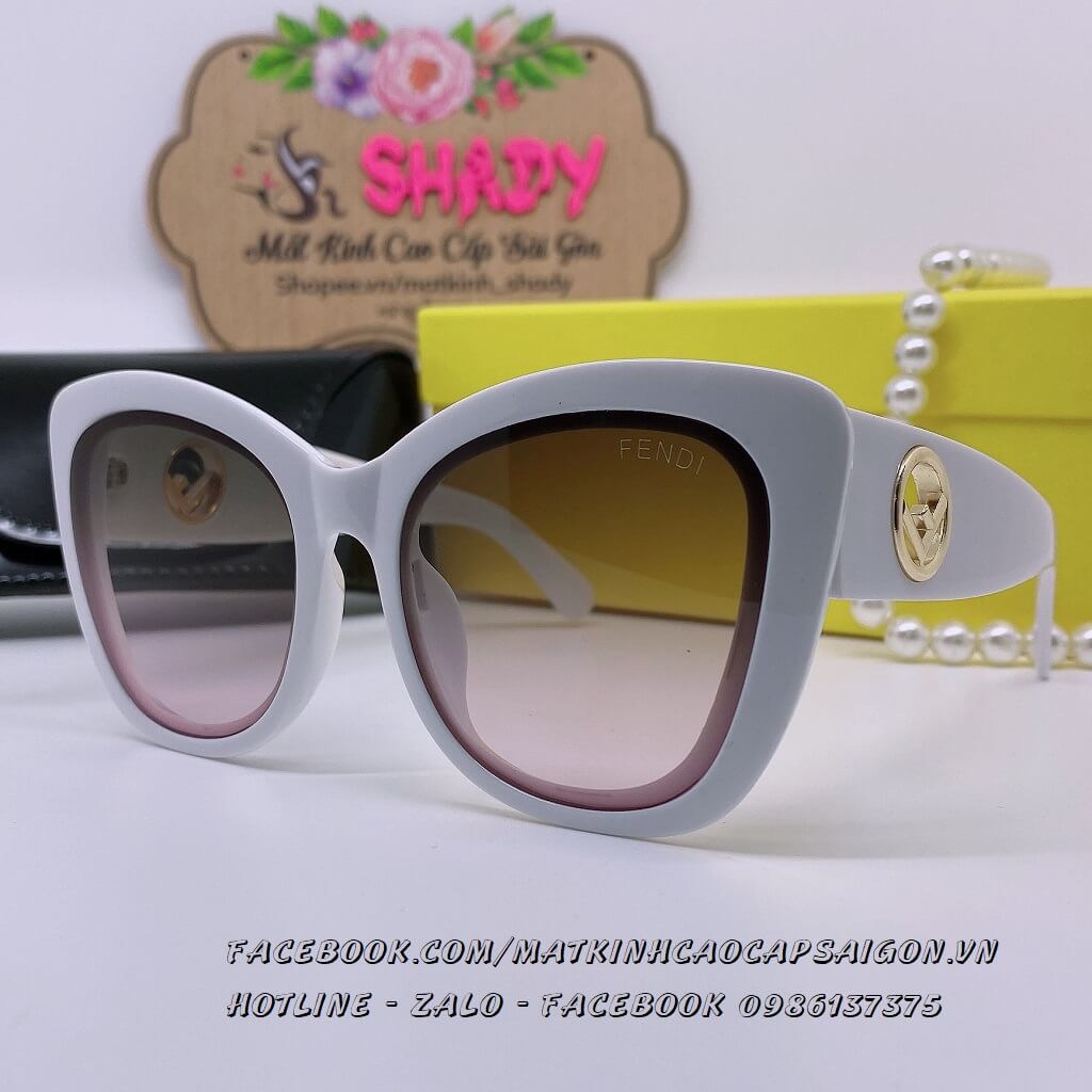 Mắt Kính Thời Trang Nữ -  Kính Fendi Nữ Mắt Mèo Khói Gọng Trắng Cao Cấp Mã 2371