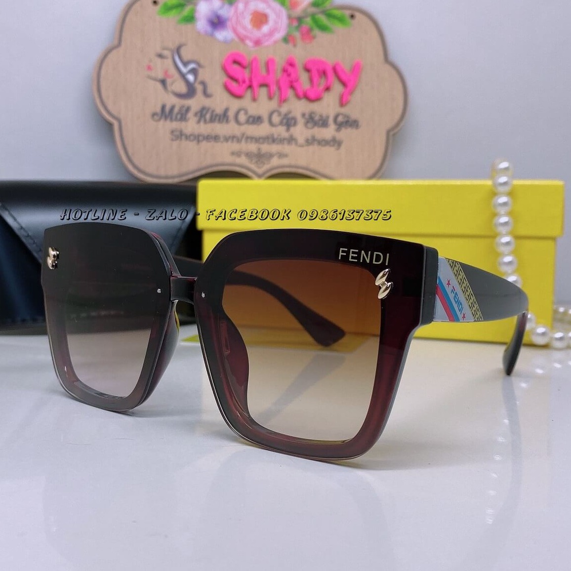 Mắt Kính Thời Trang Nữ - Kính Fendi Nữ Vuông Màu Nâu Cao Cấp Full Box Mã 9930