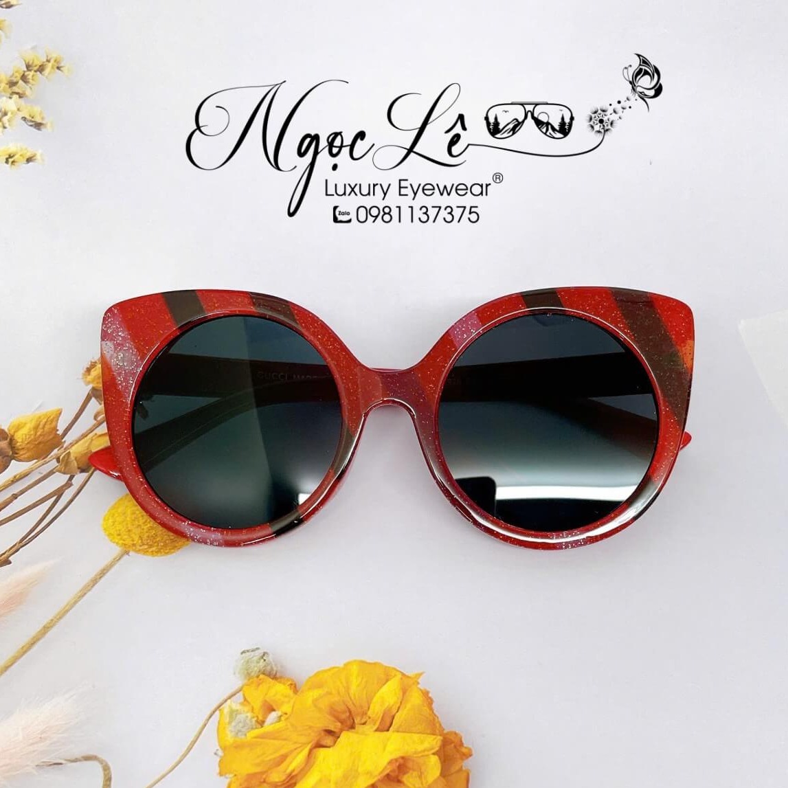 Mắt Kính Thời Trang Nữ - Kính Gucci Nữ Mắt Mèo Đen Gọng Đỏ Cao Cấp Fullbox Mã 6926