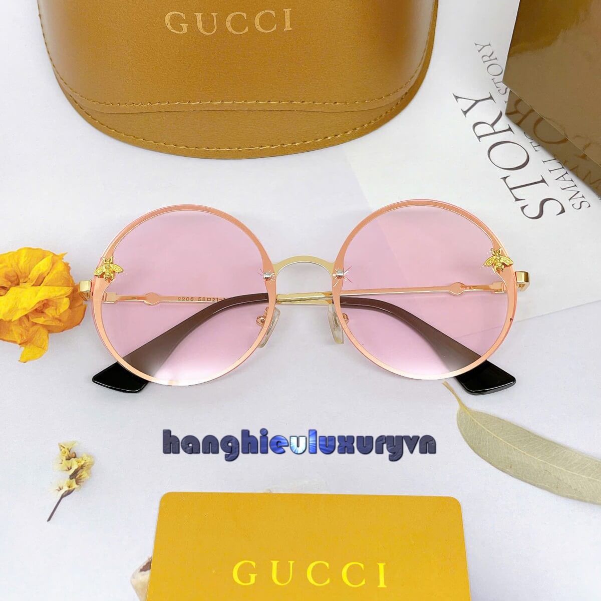 Mắt Kính Thời Trang Nữ - Kính Gucci Nữ Màu Hồng Tròn Gọng Kim Loại Cao Cấp FullBox