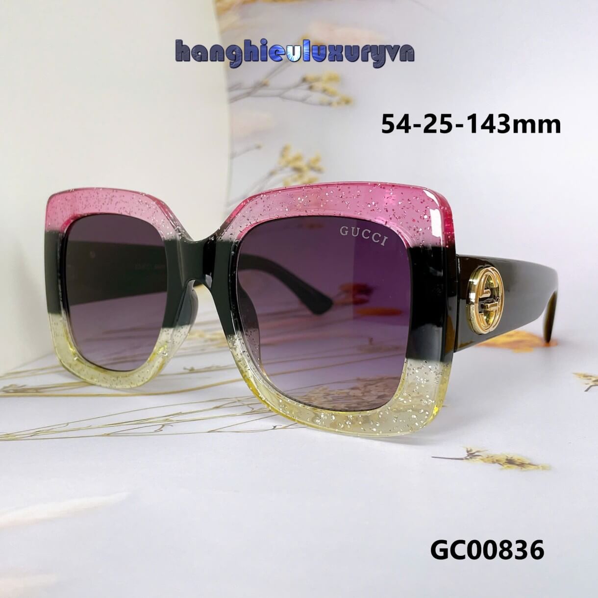 Mắt Kính Thời Trang Nữ - Kính Gucci Nữ Vuông Bảng To Đen Gọng Hồng Cao Cấp GC00836 Fullbox