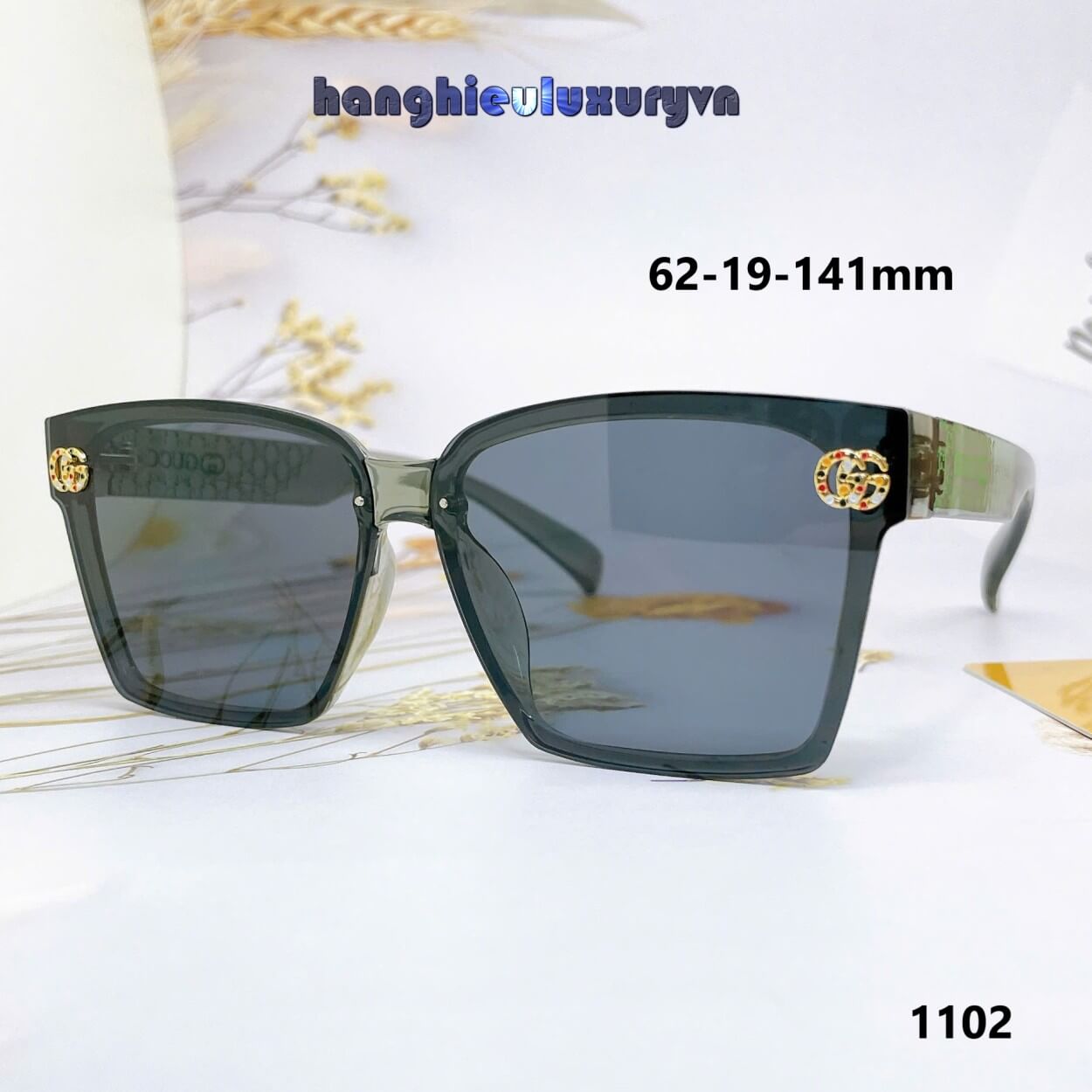 Mắt Kính Thời Trang Nữ - Kính Gucci Nữ Vuông Đen Xám Logo Xanh Cao Cấp 1102 Fullbox