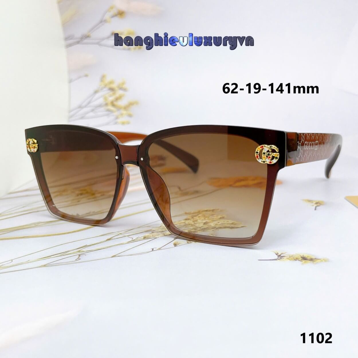 Mắt Kính Thời Trang Nữ - Kính Gucci Nữ Vuông Nâu Logo Cao Cấp 1102 Full Box