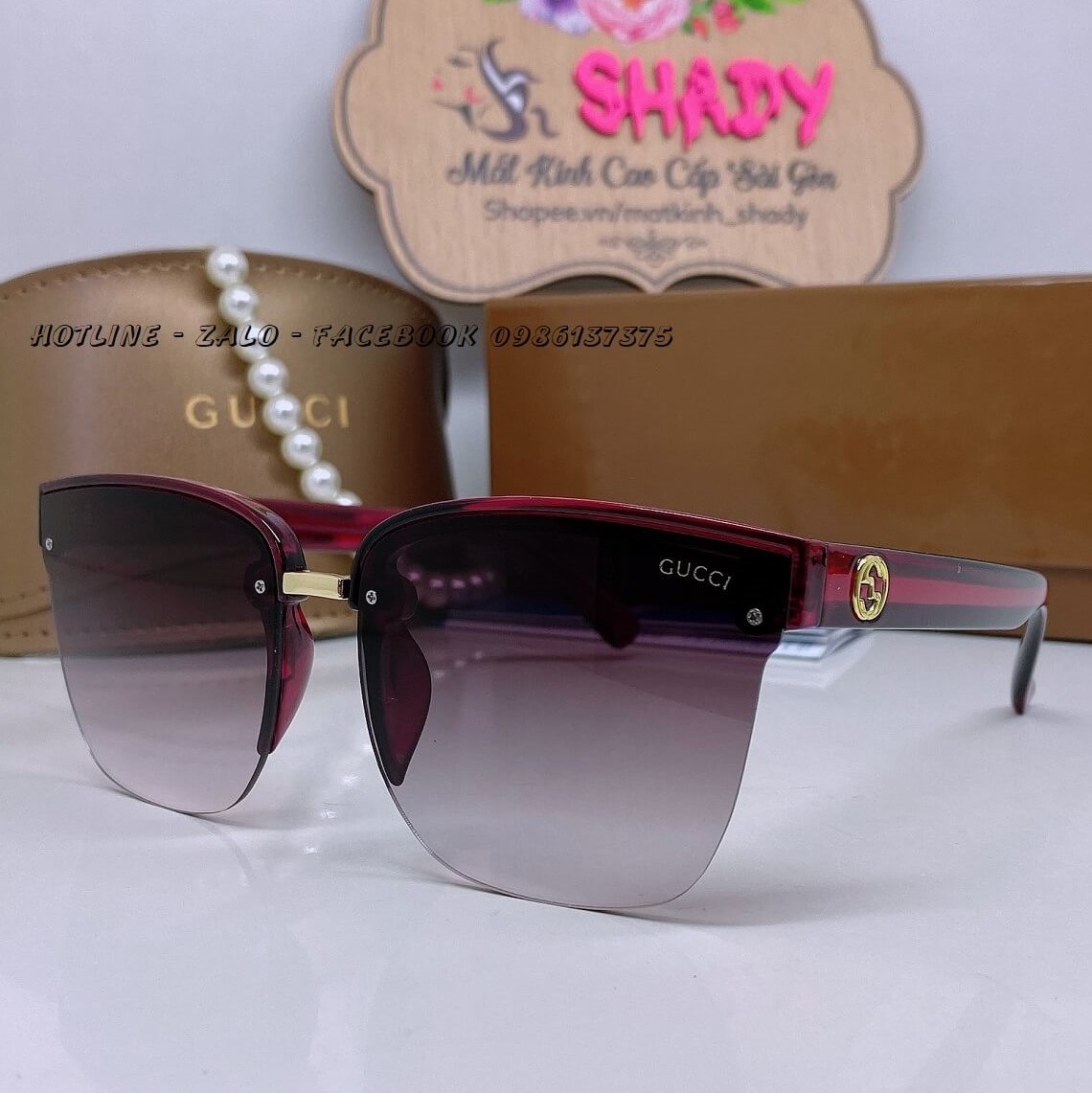 Mắt Kính Thời Trang Nữ - Kính Gucci Nữ Màu Nâu Mận Gọng Sọc Đỏ Logo FullBox - Mã 6002