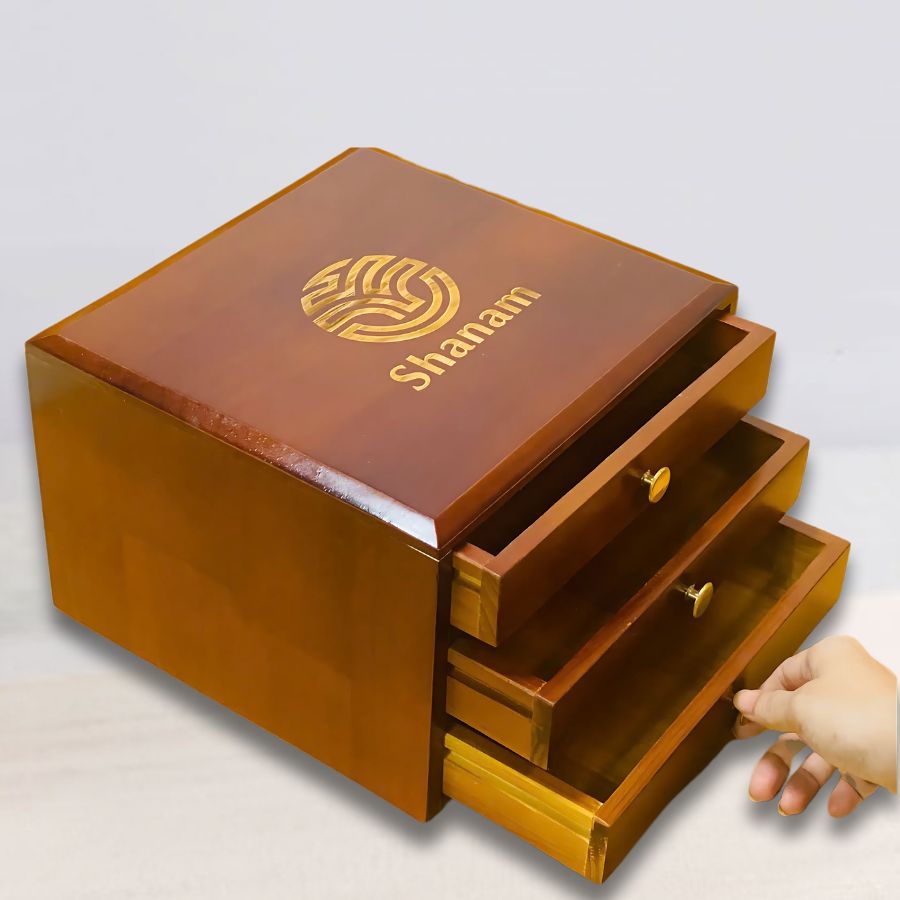 HỘP GỖ SƠN MÀI ĐỰNG BÁNH TRÀ CỔ - 3 NGĂN KÉO