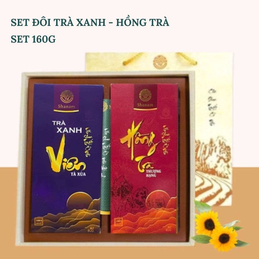 Sét quà: Set đôi Trà xanh viên - Hồng trà thượng hạng 160g