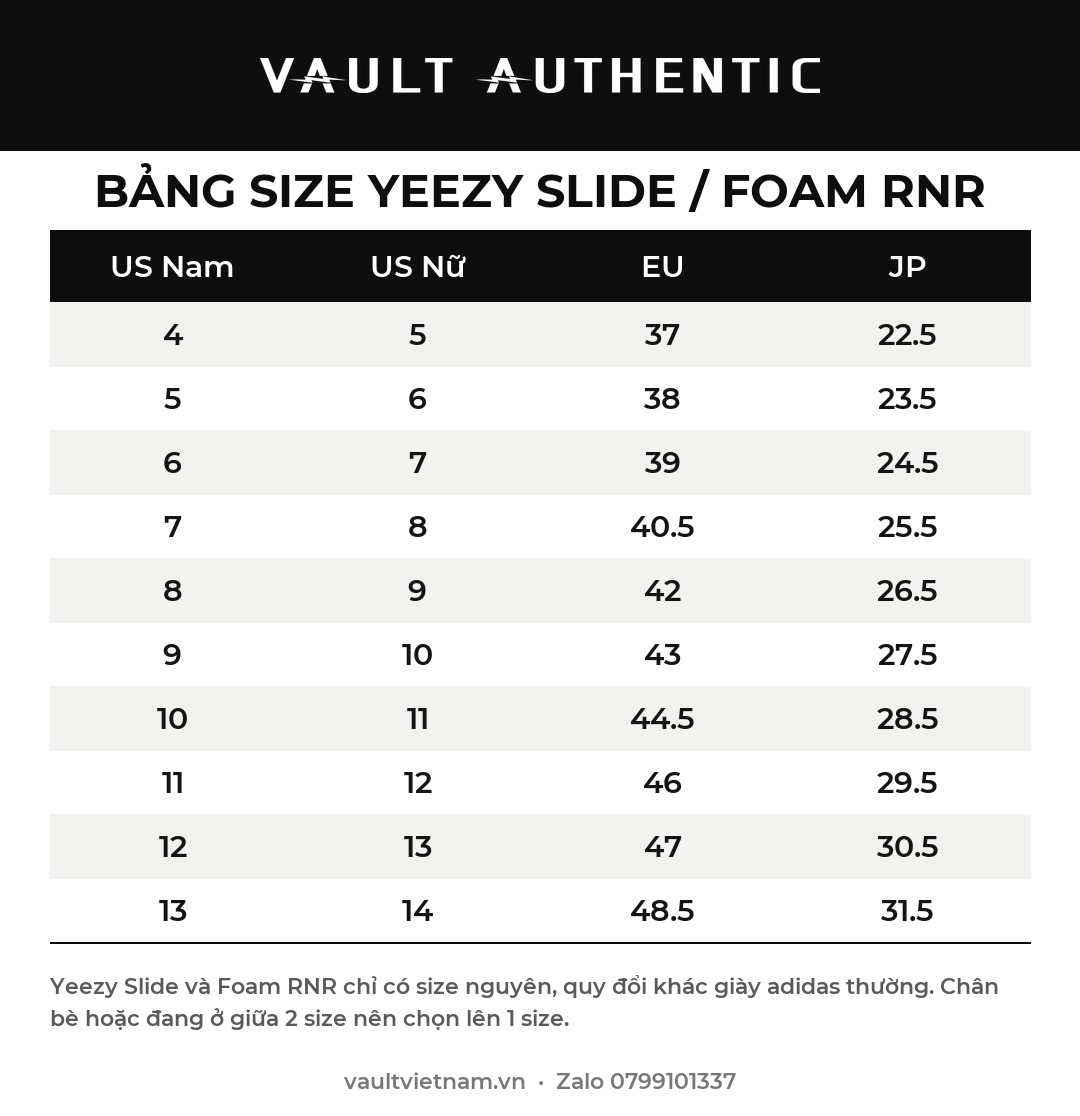 Bảng size Yeezy Slide / Foam RNR