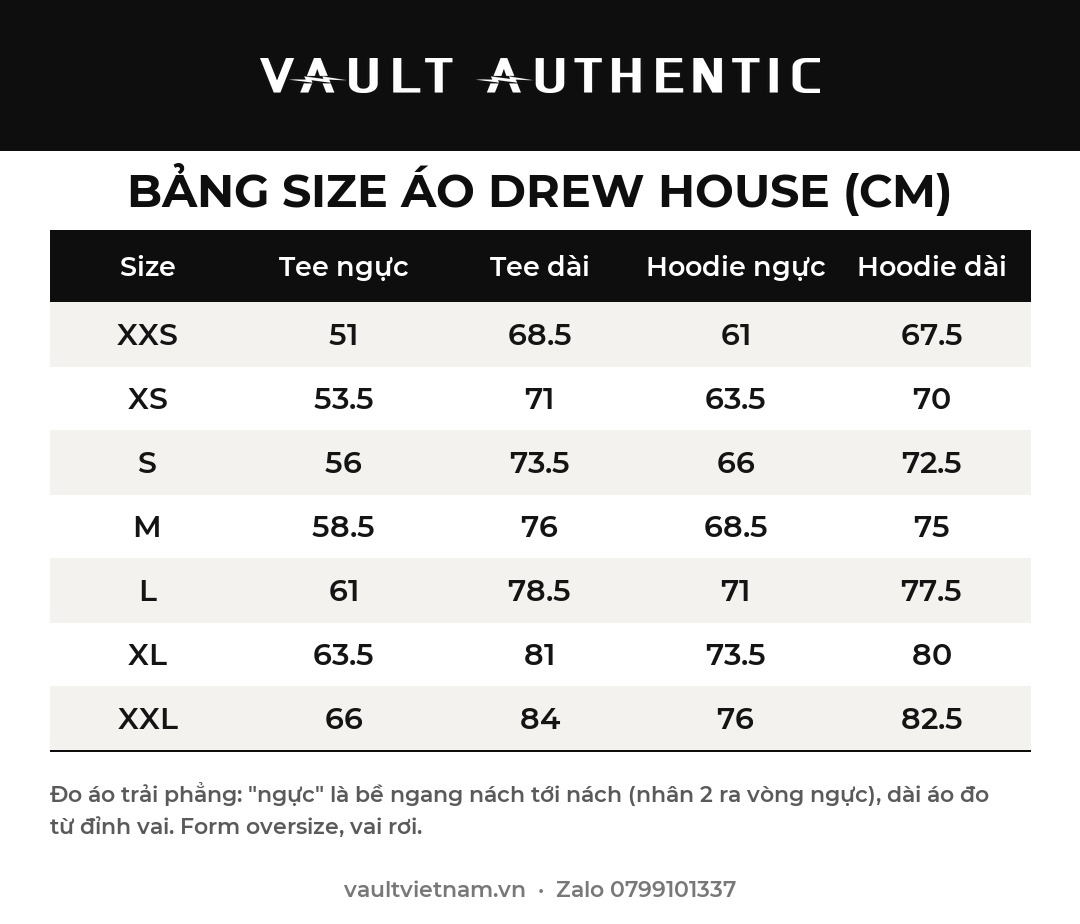 Bảng size áo Drew House (cm)