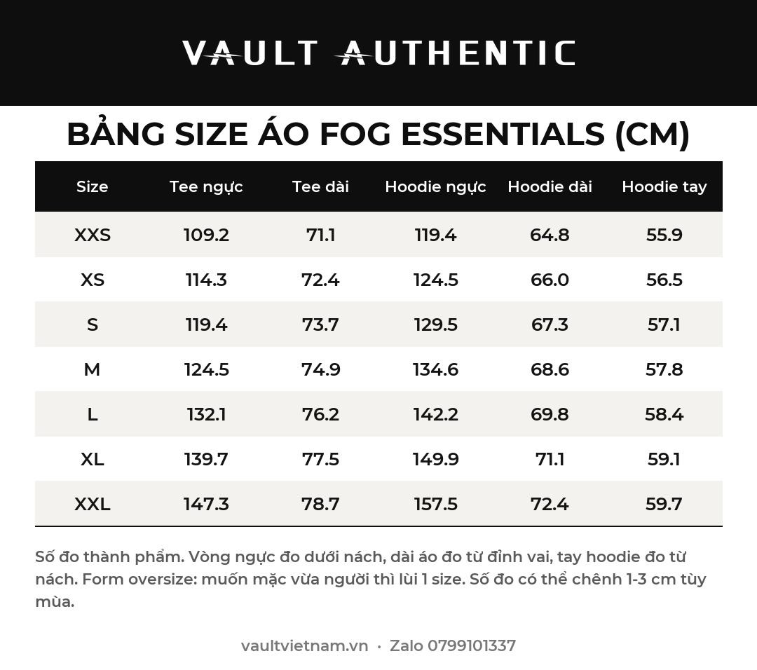 Bảng size áo FOG Essentials (cm)