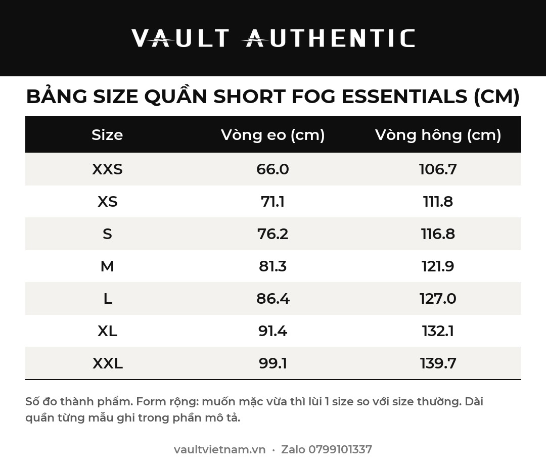Bảng size quần short FOG Essentials (cm)