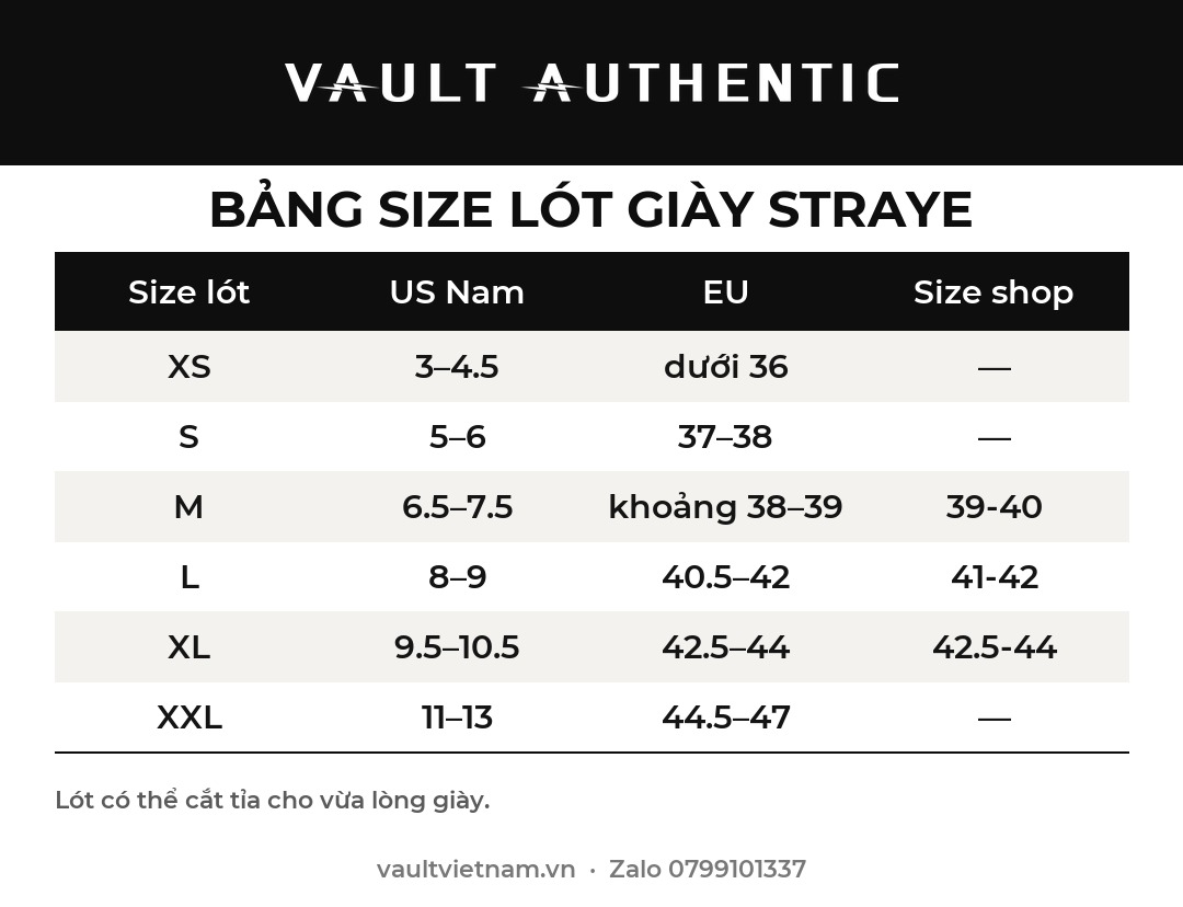 Bảng size lót giày STRAYE