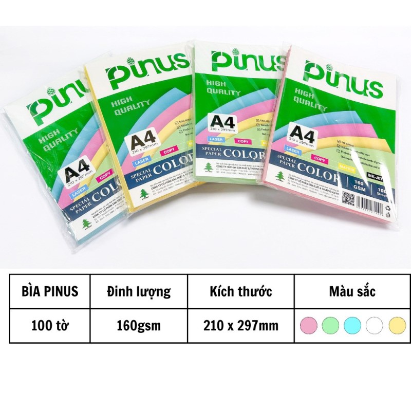 Bia màu A4 xanh biển, xanh lá, hồng, vàng, trắng 160gsm