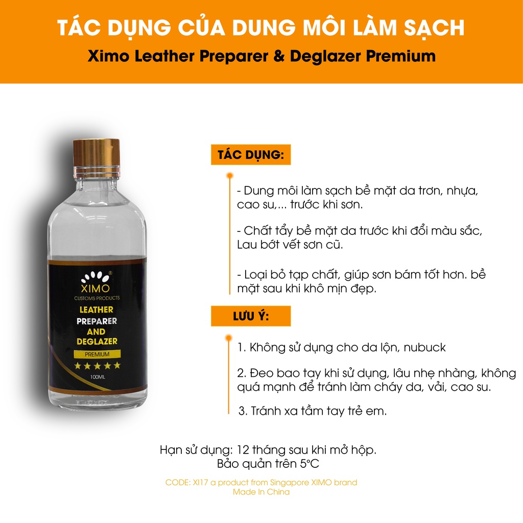 Dung môi làm sạch, loại bỏ tạp chất bề mặt trước khi sơn Ximo Leather Preparer & Deglazer Premium 100ml XI17