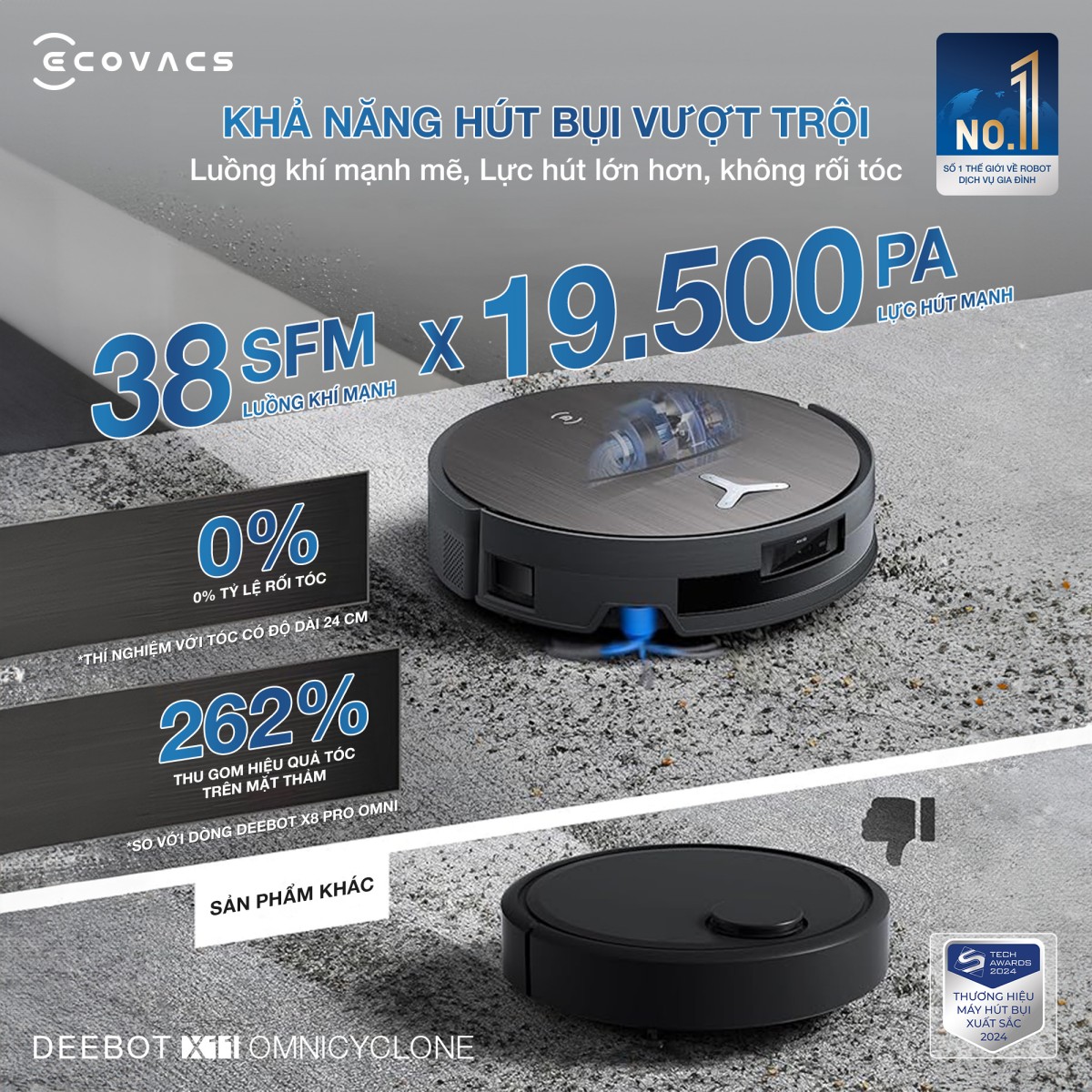 Robot hút bụi Ecovacs Deebot X11 OmniCyclone | Lực hút 19.500 Pa
