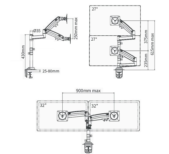 GIÁ ĐỠ 2 MÀN HÌNH MÁY TÍNH GẮN CẠNH BÀN NORTH BAYOU H180 (22-32 INCH)